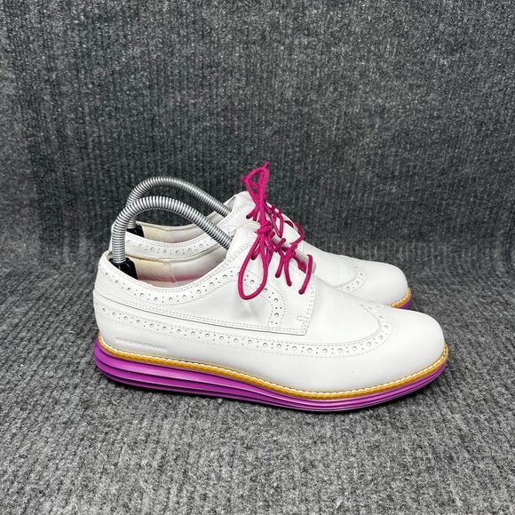 Cole Haan Original Grand Wingtip Oxford Golf Shoes White Pink Leather 8 B W23541 - Picture 1 of 8